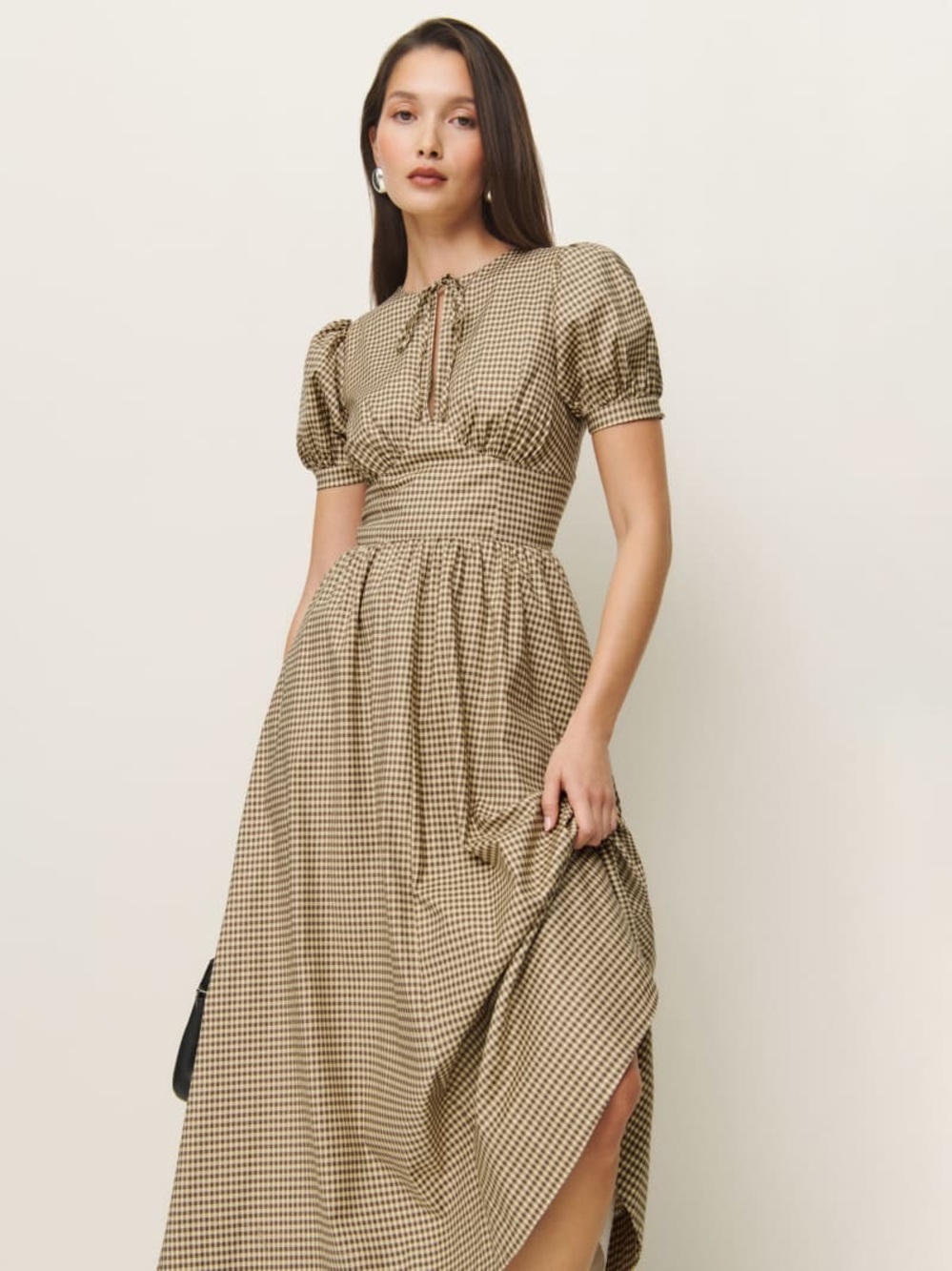 Reformation Noor Dress Gingham Puff-Sleeve Midi Dress in Beige/Brown size 4